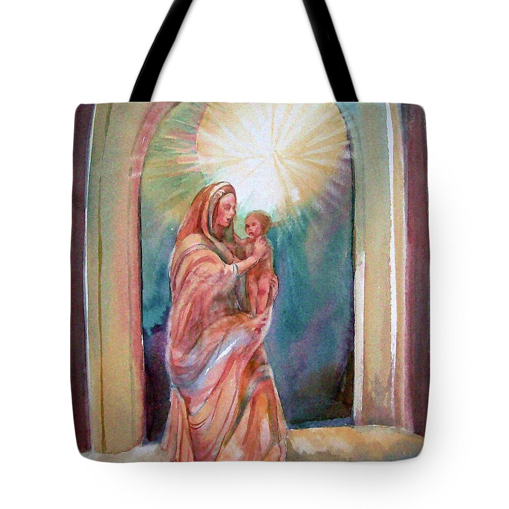 Mary Tote Bag featuring the painting Madonna and Child by Sue Kemp