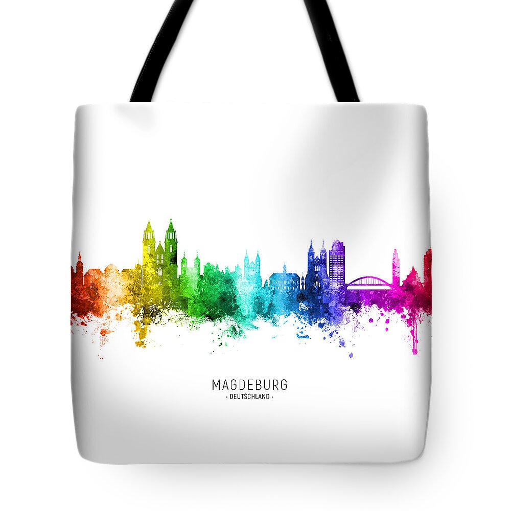Magdeburg Tote Bag featuring the digital art Magdeburg Germany Skyline #55 by Michael Tompsett