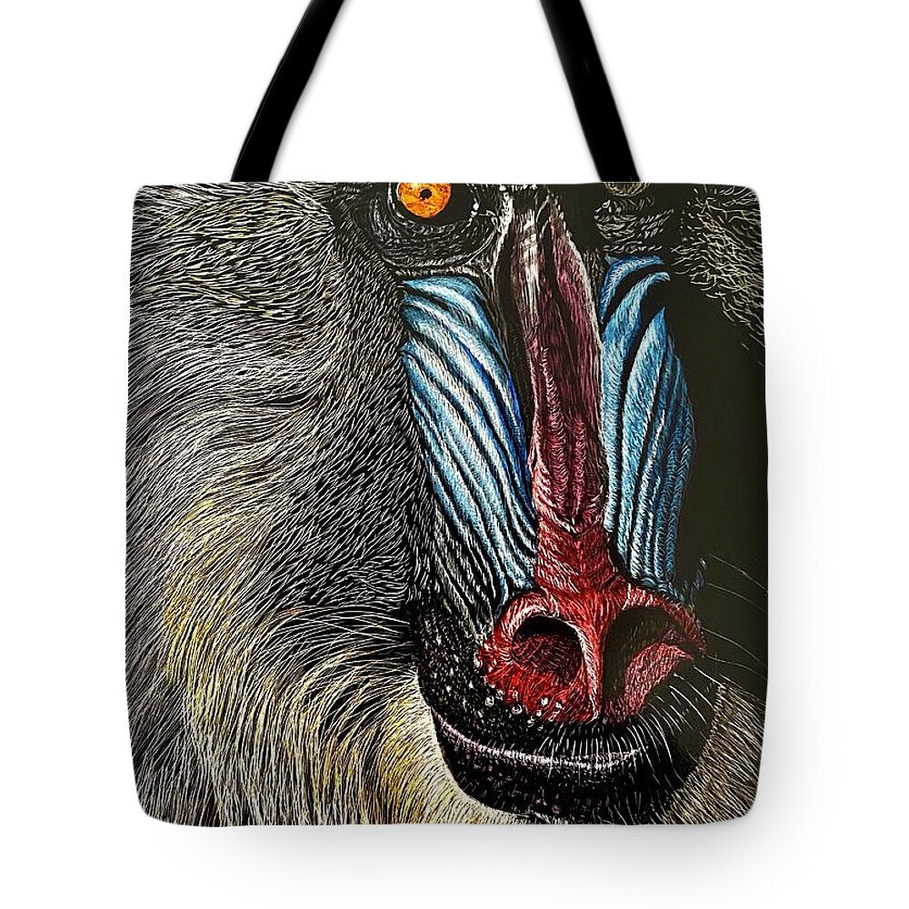 Mandrill Tote Bag featuring the mixed media Magnificent Mandrill by Sonja Jones