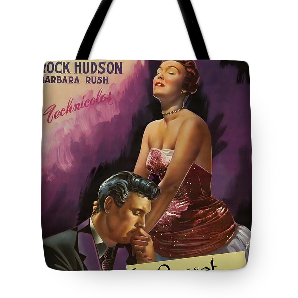 Synopsis Tote Bag featuring the mixed media ''Magnificent Obsession'', 1954 by Movie World Posters