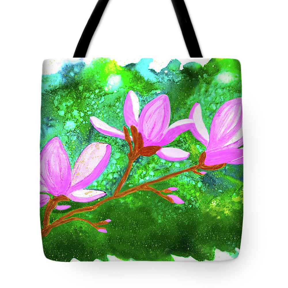 Magnolia Tree Tote Bag featuring the painting Magnolia Blossoms Against an Abstract Background Alcohol Ink Art Print by Deborah League