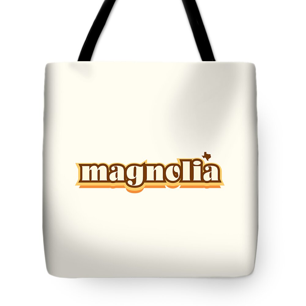 Jan M Stephenson Designs Tote Bag featuring the digital art Magnolia Texas - Retro Name Design, Southeast Texas, Yellow, Brown, Orange by Jan M Stephenson