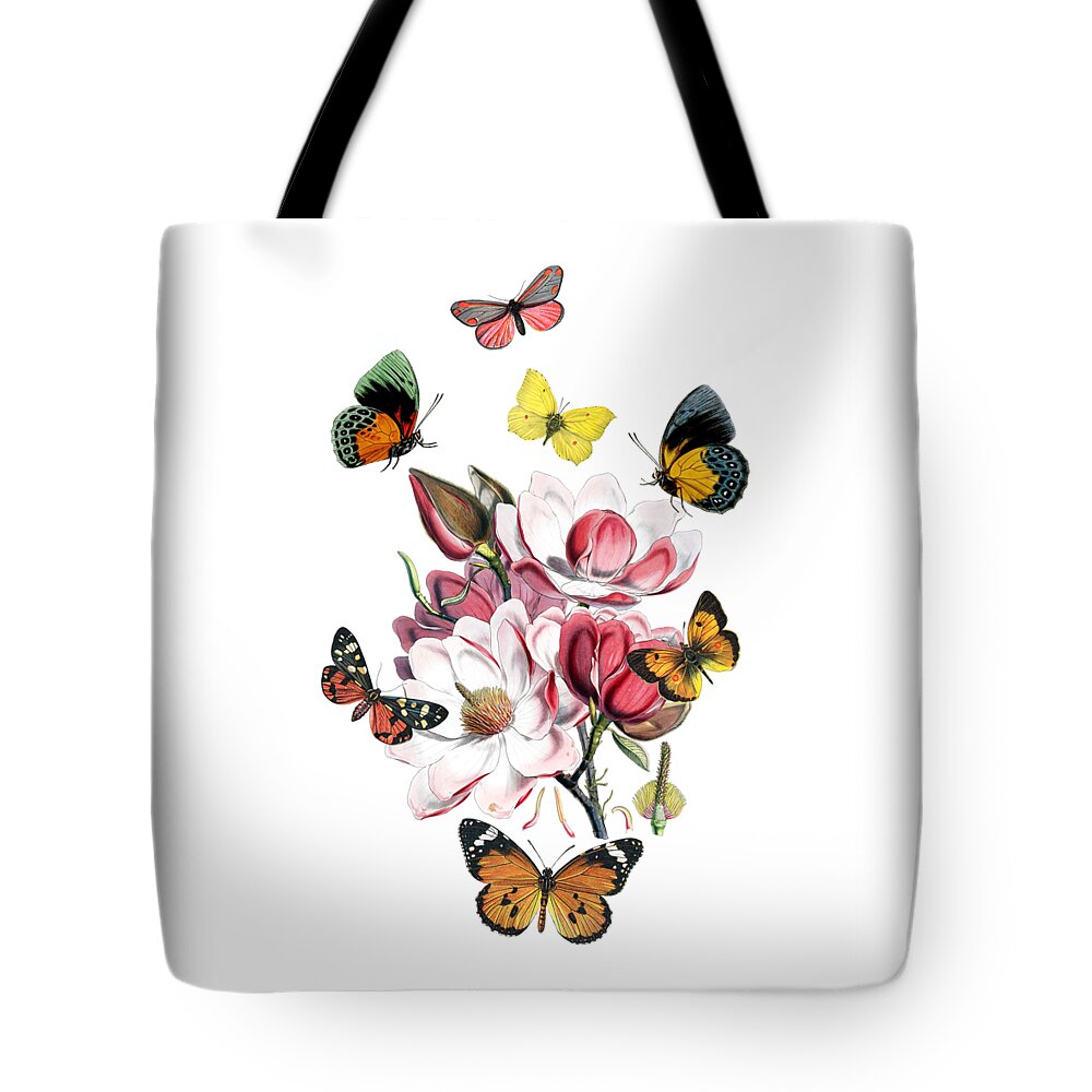 Magnolia Tote Bag featuring the digital art Magnolia with butterflies by Madame Memento