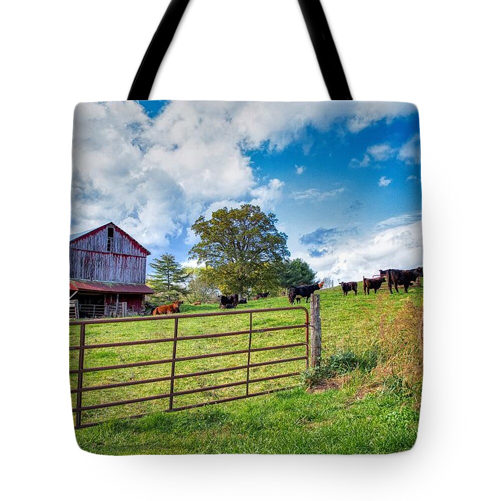 Barn Tote Bag featuring the photograph Mail Pouch Barn and Cows by Ron Grafe