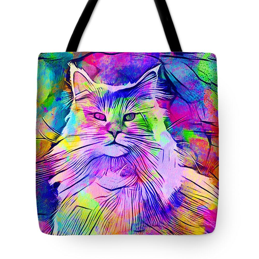 Maine Coon Tote Bag featuring the digital art Maine Coon cat looking at camera - colorful lines digital painting by Nicko Prints