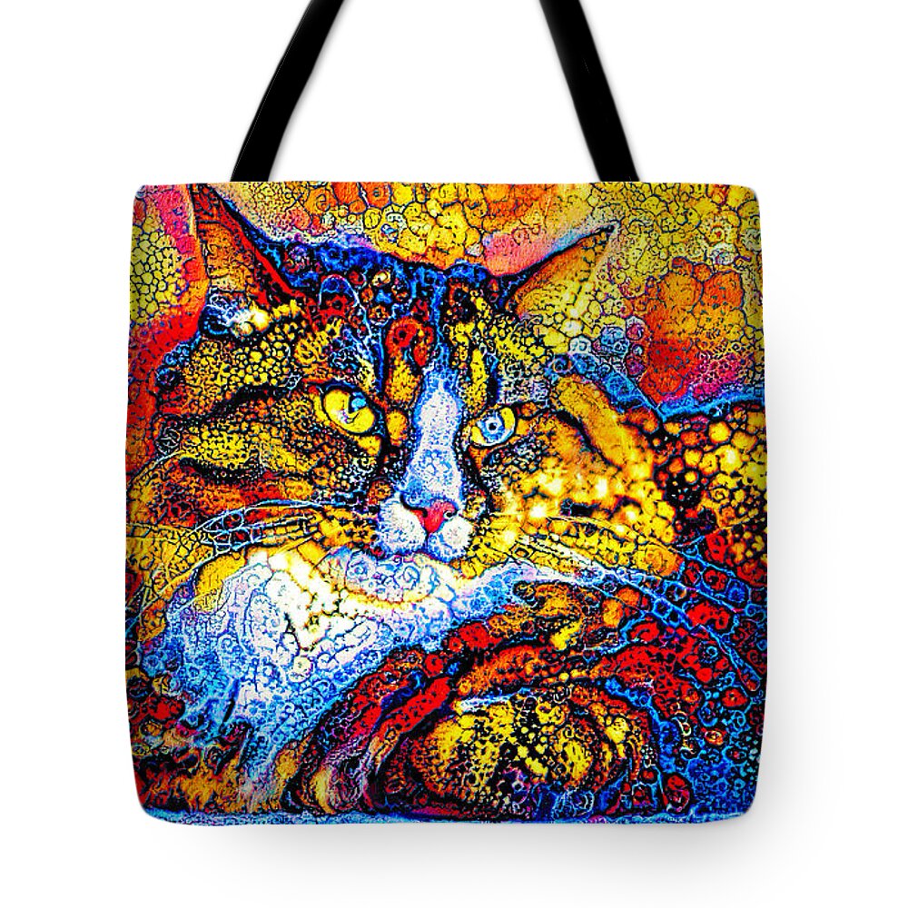 Maine Coon Tote Bag featuring the digital art Maine Coon cat lying down - colorful bubble abstract art by Nicko Prints