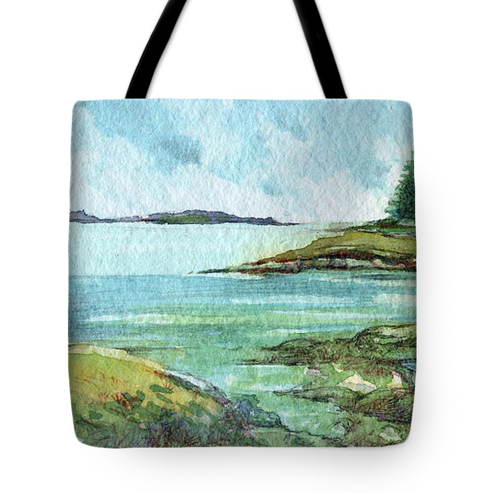 Maine Tote Bag featuring the painting Maine Island View by AnneMarie Welsh