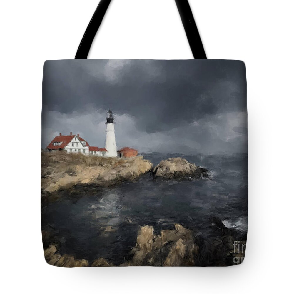  Tote Bag featuring the painting Maine Lighthouse Passing Storm by Gary Arnold
