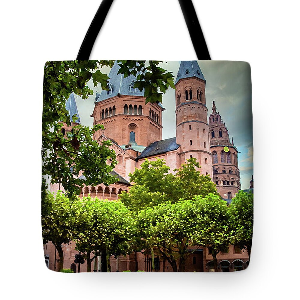 Mainz Tote Bag featuring the digital art Mainz Cathedral, Dry Brush by Ron Long Ltd Photography
