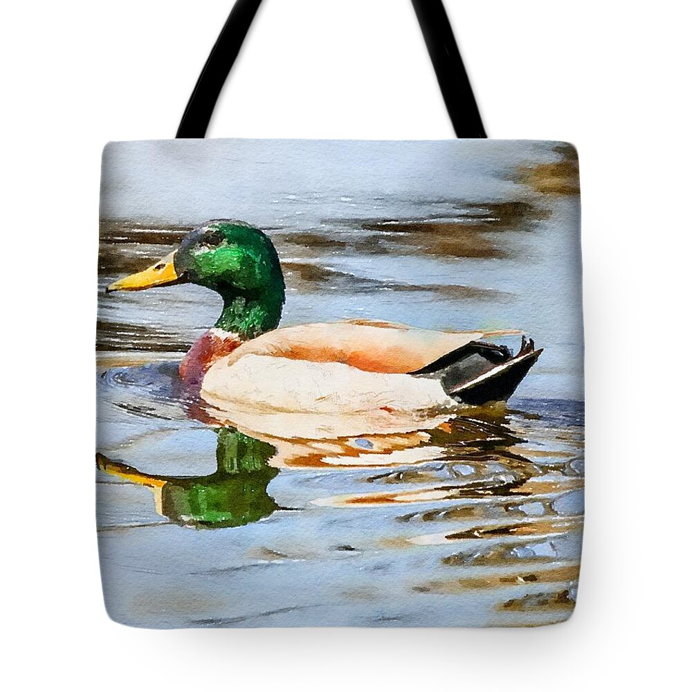 Duck Tote Bag featuring the mixed media Mallard Duck Watercolor by Susan Rydberg