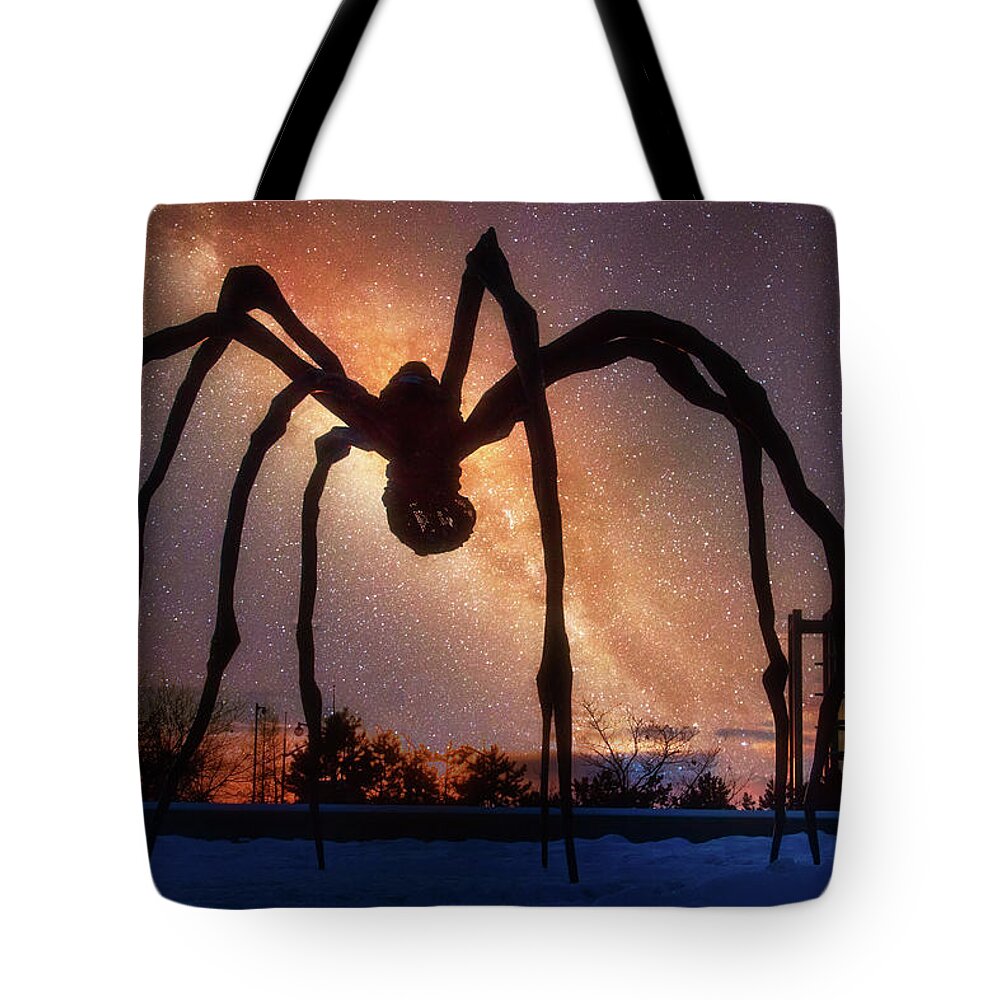 Maman Tote Bag featuring the photograph Maman Spider on Starry Sky by Tatiana Travelways