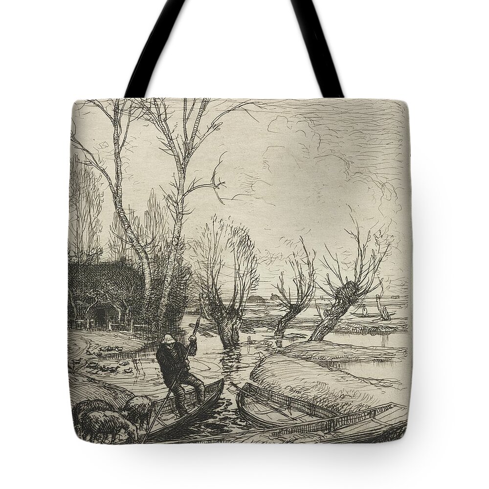 Man In A Boat With Three Sheep Date Unknown Auguste Louis French 1849 To 1918 Tote Bag featuring the painting Man in a Boat with Three Sheep Date unknown Auguste Louis French 1849 to 1918 by MotionAge Designs