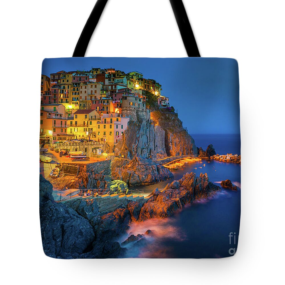 Cinque Terre Tote Bag featuring the photograph Manarola by night by Inge Johnsson