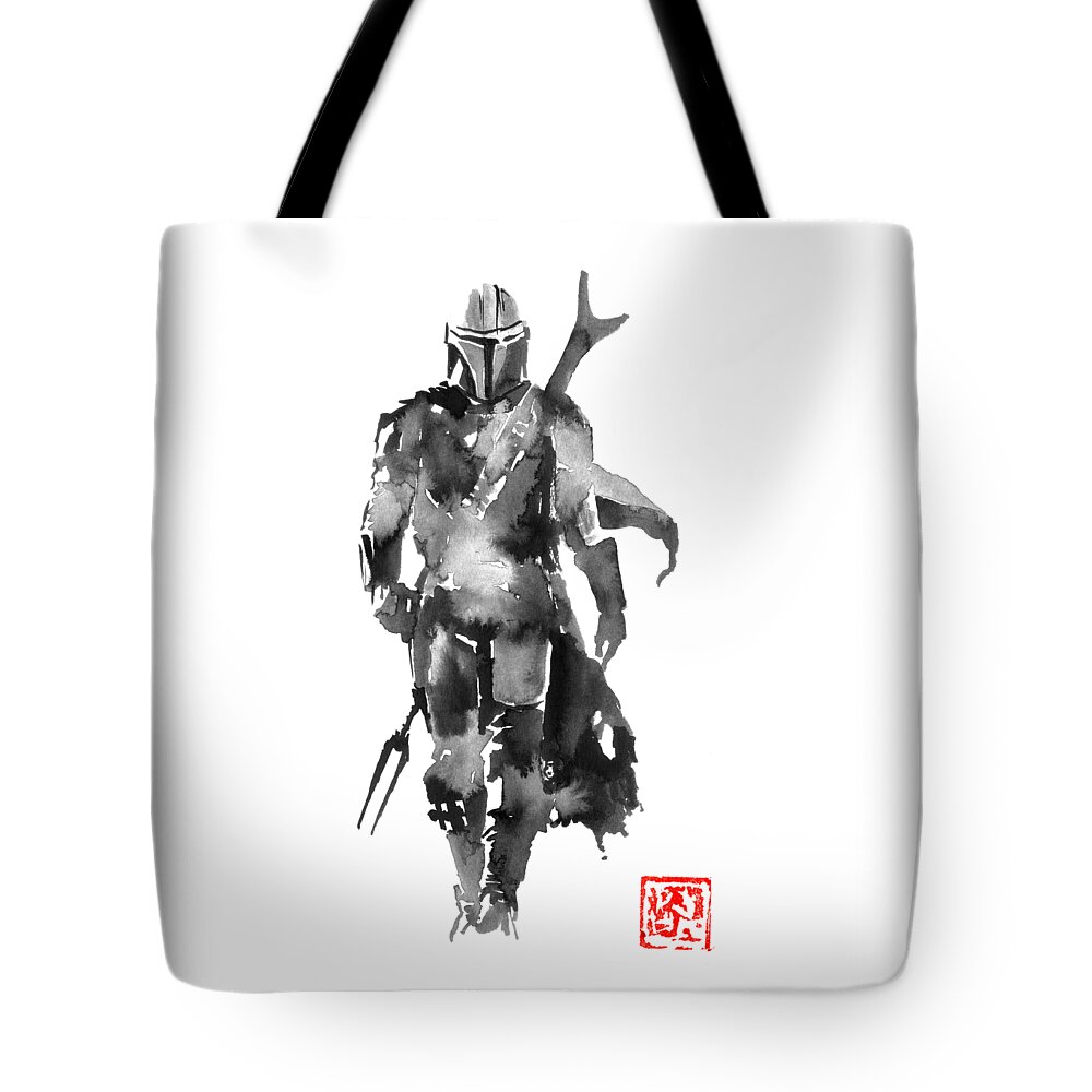 Mandalorian Star Wars Sumie Japan Tote Bag featuring the drawing Mandalorian by Pechane Sumie