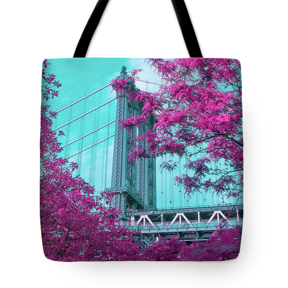 Architecture Tote Bag featuring the photograph Manhattan Bridge Through Pink Leaves by Auden Johnson
