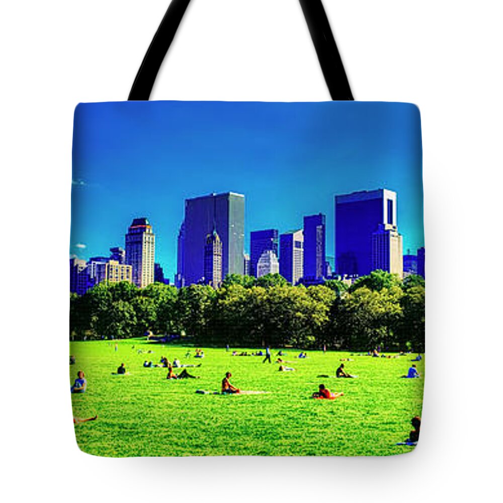 Manhattan Tote Bag featuring the photograph Manhattan skyline Central Park The Sheep Meadows New York City NY USA by Tom Jelen