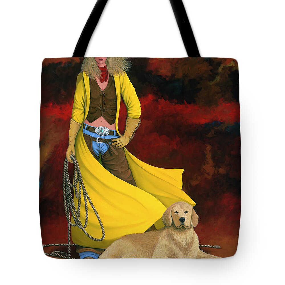 Cowgirl Girl And Dog Tote Bag featuring the painting Man's Best Friend by Lance Headlee