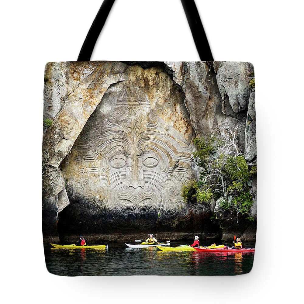 Lake Taupo Tote Bag featuring the photograph Ancestors - Maori Rock Carving, Lake Taupo, New Zealand by Earth And Spirit