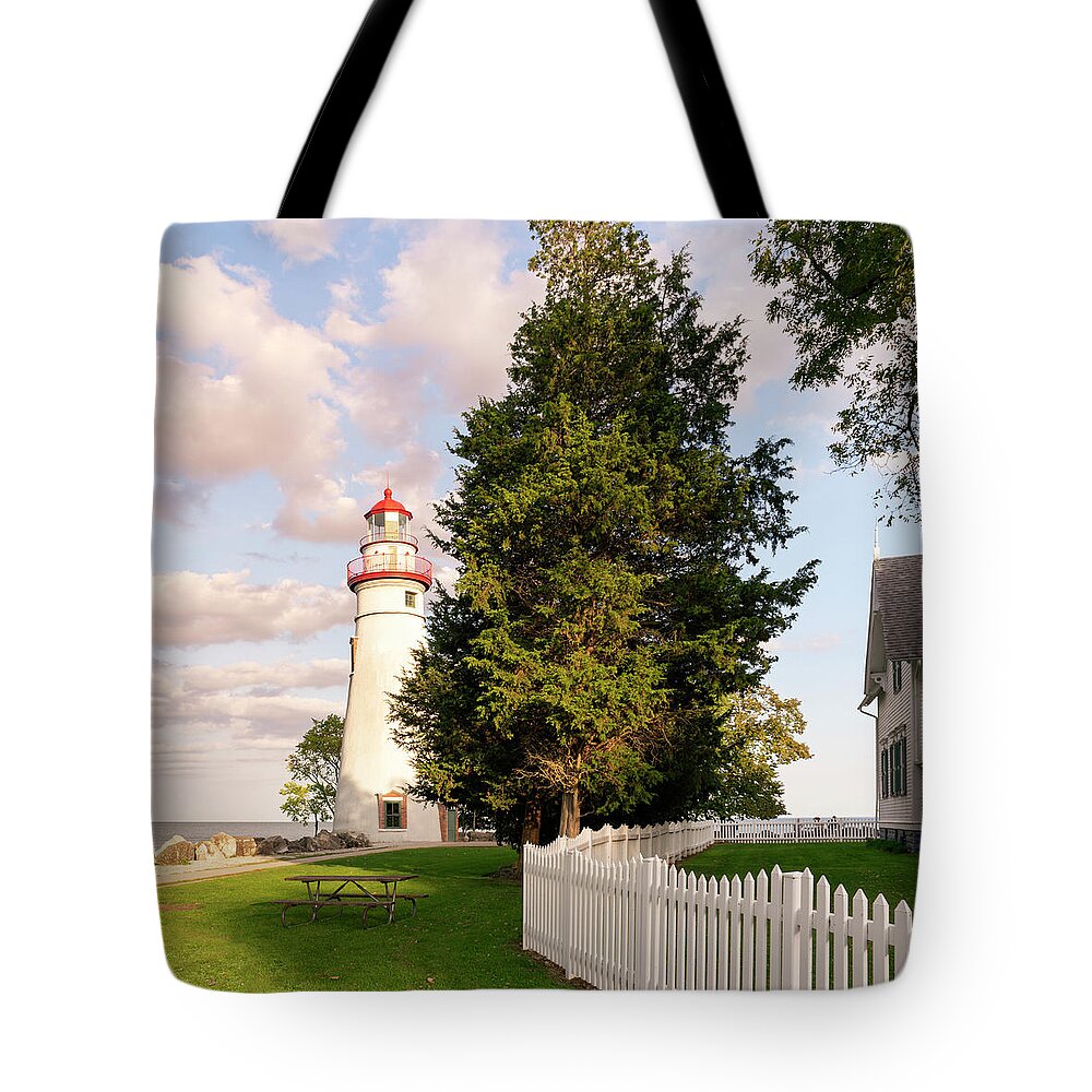 Marblehead Tote Bag featuring the photograph Marblehead Lighthouse Entrance Square by Marianne Campolongo