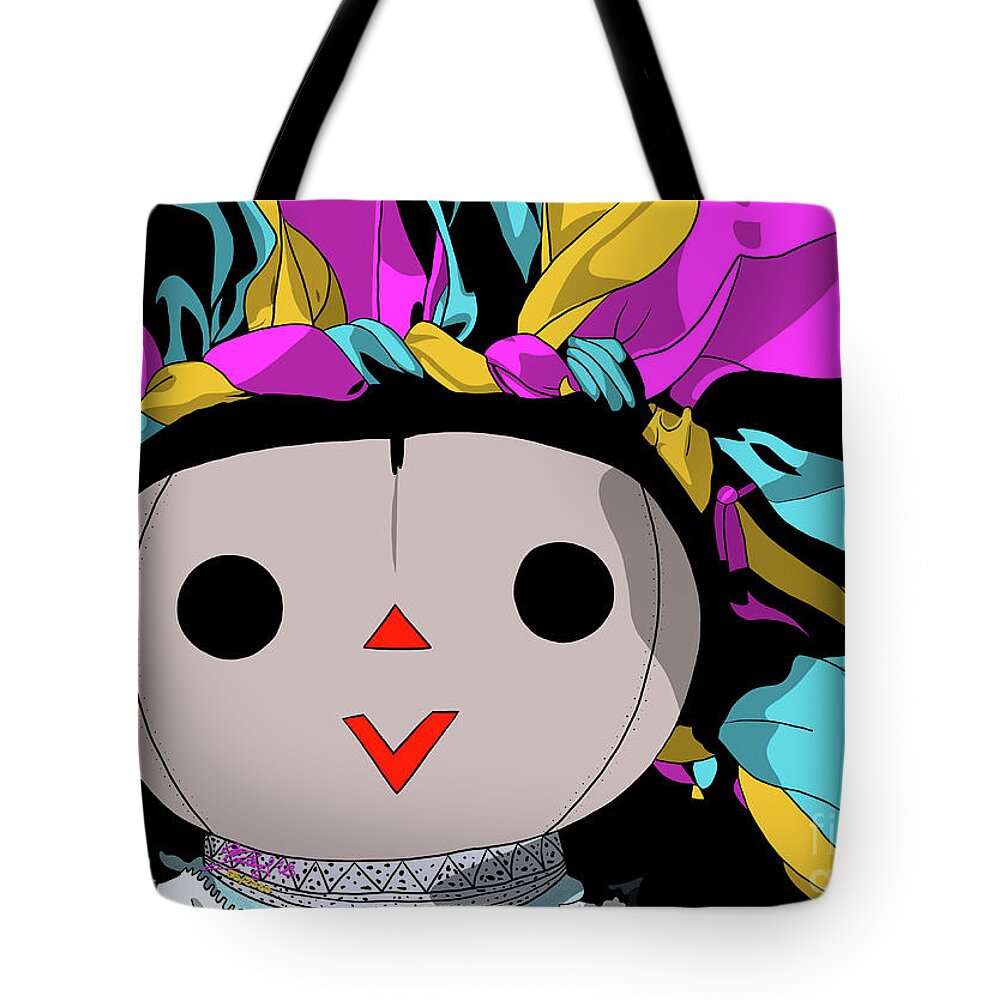 Mazahua Tote Bag featuring the digital art Maria Doll yellow pink turquoise by Marisol VB