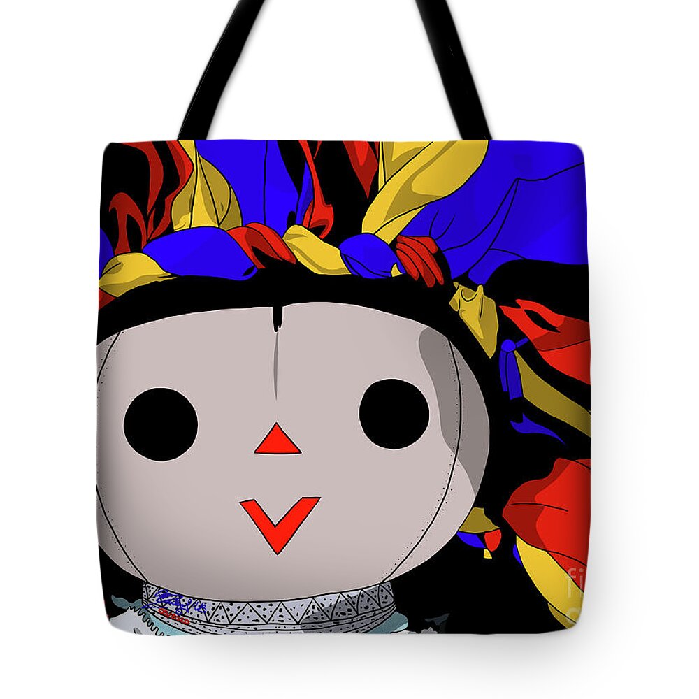 Mazahua Tote Bag featuring the digital art Maria Doll yellow blue red by Marisol VB