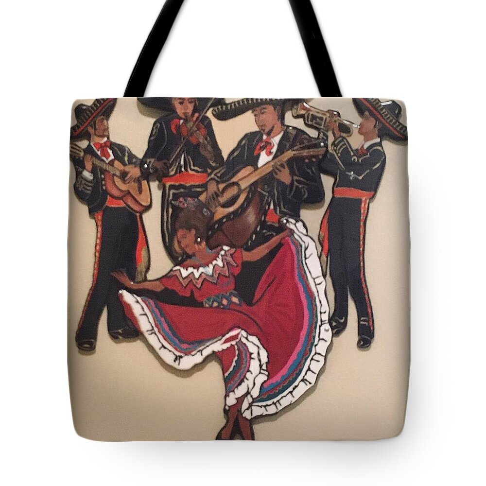 Mariachi Musicians Tote Bag featuring the mixed media Mariachis and Folklorico Dancer by Bill Manson