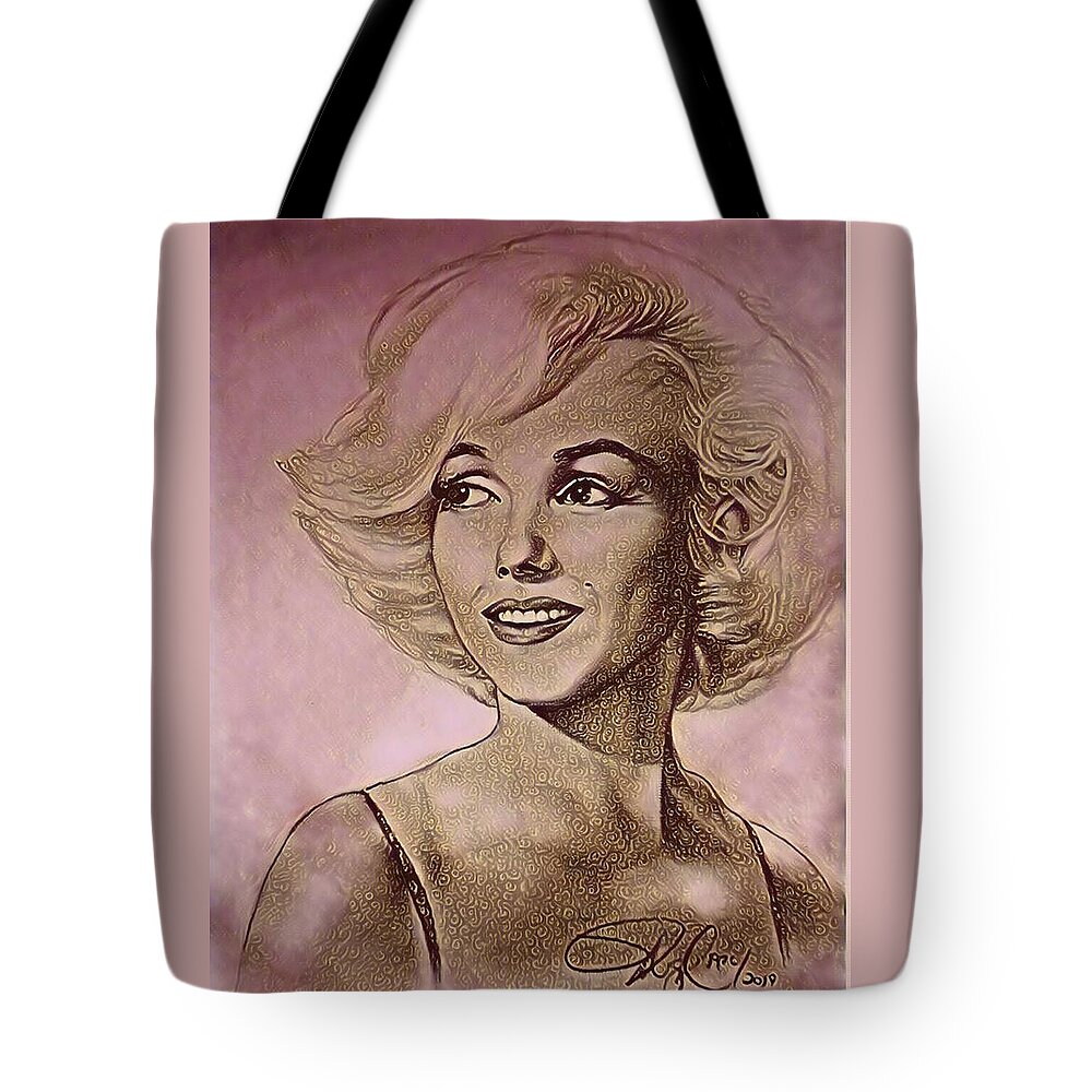 Marilyn Monroe Tote Bag featuring the digital art MARILYN - floral dress in Rose Gold by Mike Gonzalez