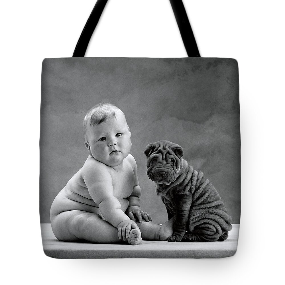 Black & White Tote Bag featuring the photograph Mark and a Shar-Pei Puppy by Anne Geddes
