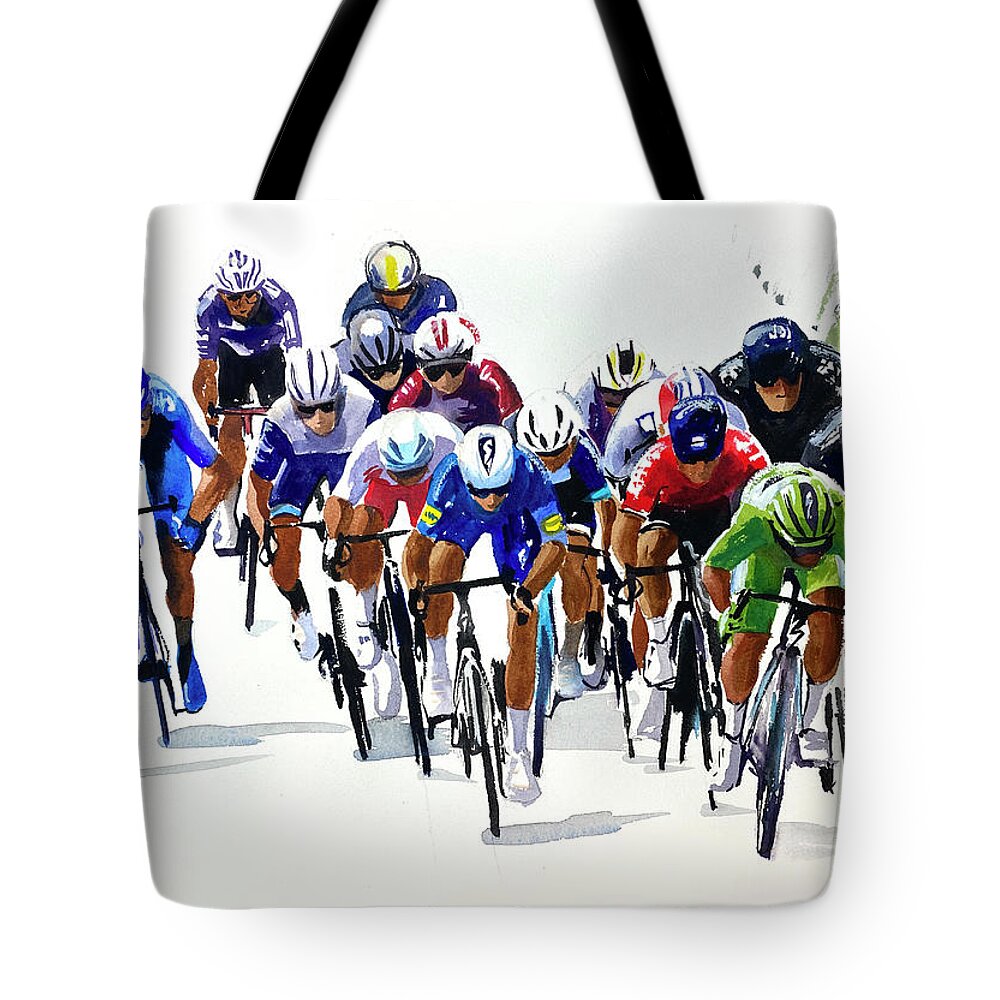 Le Tour De France Tote Bag featuring the painting Mark Cavendish Stage 10, TDF2021 by Shirley Peters