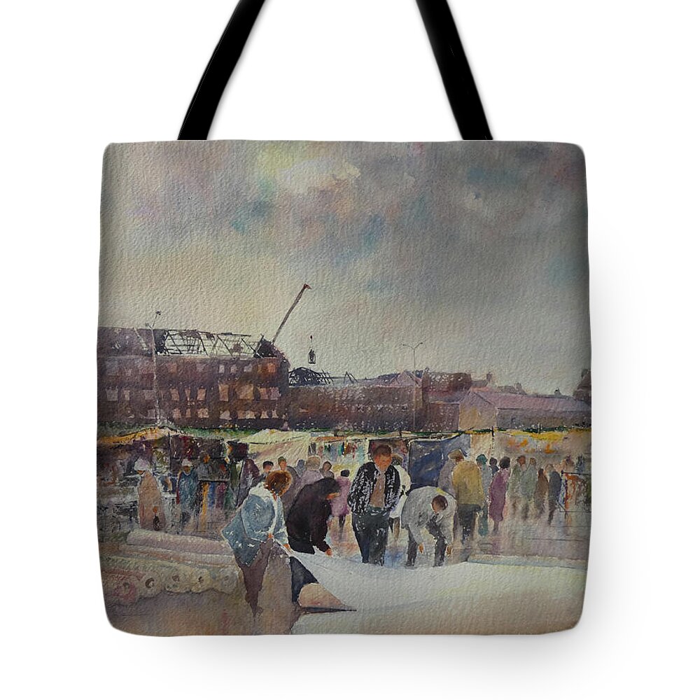 Dungarvan Tote Bag featuring the painting Market Day Demolition of Phelans Quayside Coal Store, Dungarvan by Keith Thompson