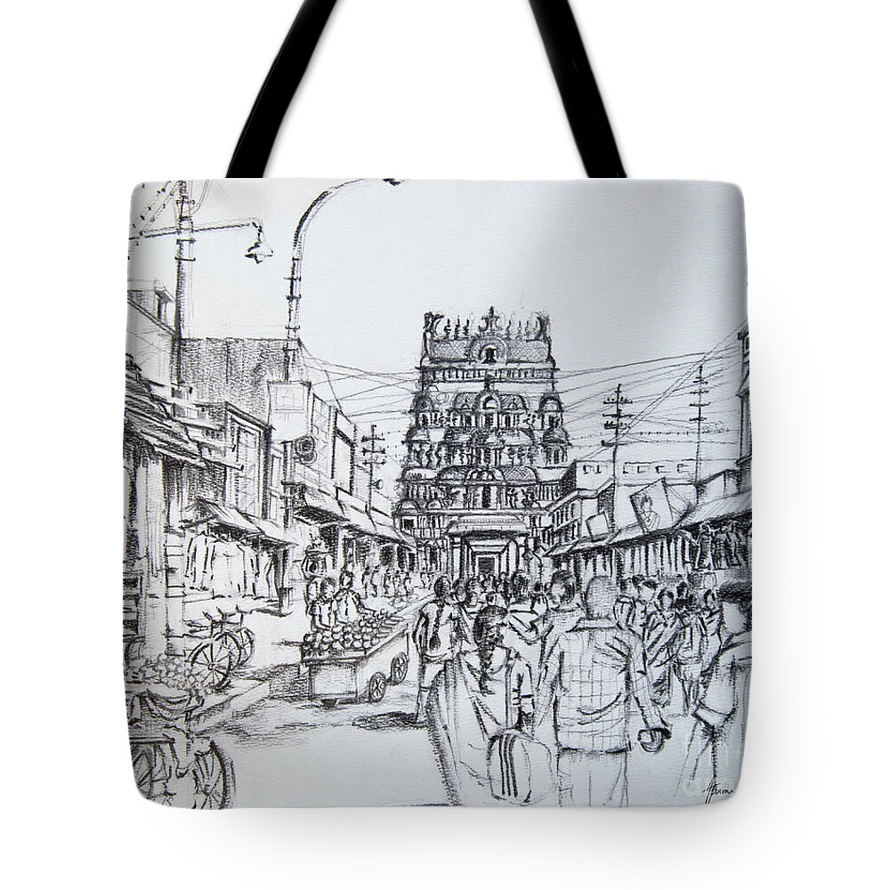 India Tote Bag featuring the drawing Market place - Urban life outside temple India by Aparna Pottabathni