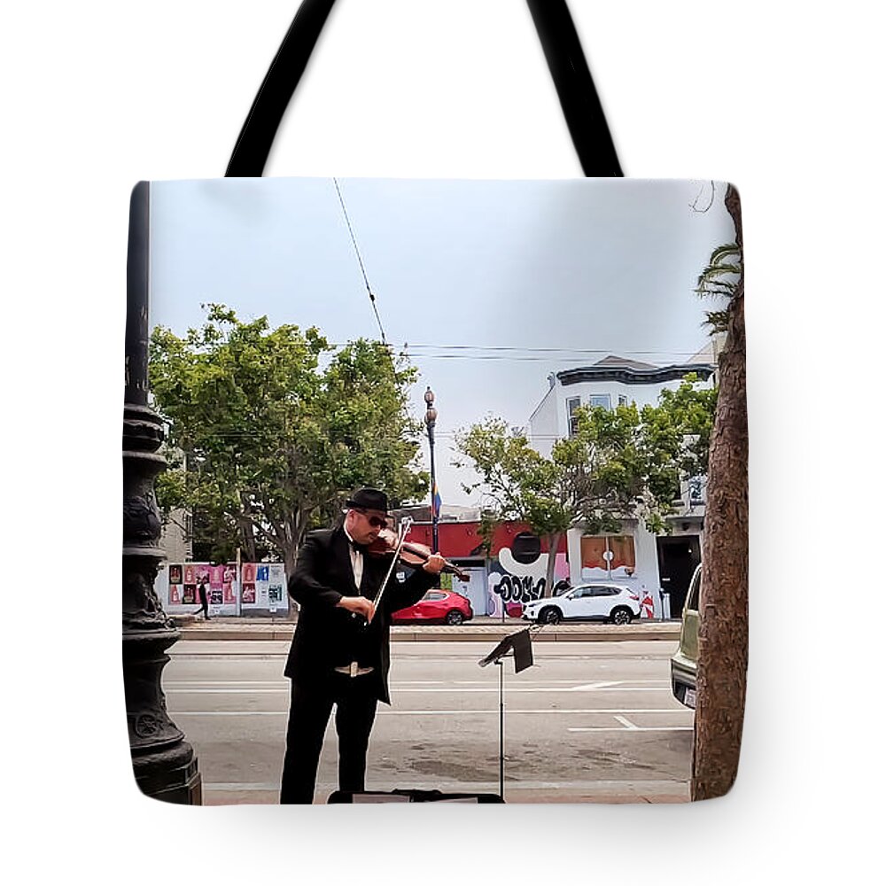 Maket Street San Francisco Tote Bag featuring the photograph Market Street The Strolling Violinist by Bencasso Barnesquiat