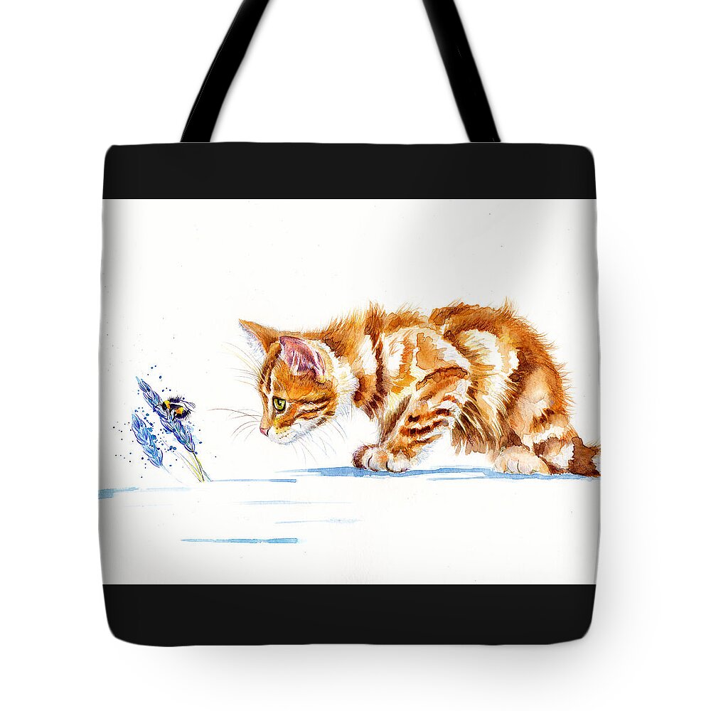 Kittens Tote Bag featuring the painting Marmalade Kitten - Nature Watch by Debra Hall