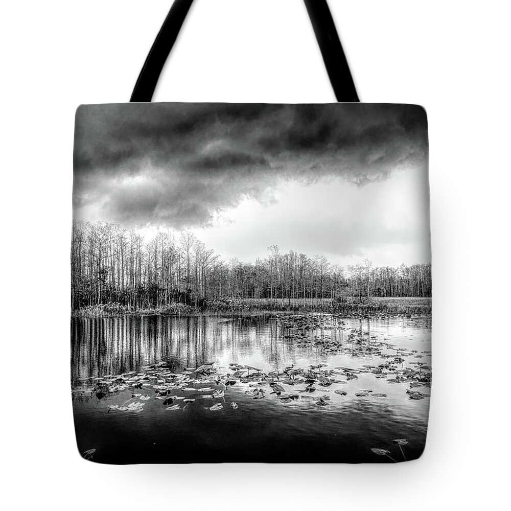 Black Tote Bag featuring the photograph Marsh Under Thunderclouds Black and White by Debra and Dave Vanderlaan
