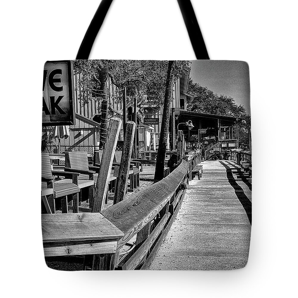 Murrells Inlet Tote Bag featuring the photograph Marshwalk Monochrome by Bill Barber