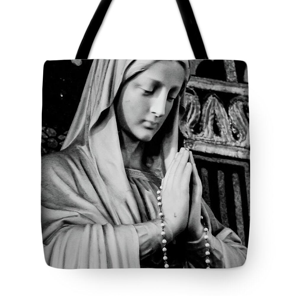 Mary Statue Church Rosary B&w Tote Bag featuring the photograph Mary by John Linnemeyer