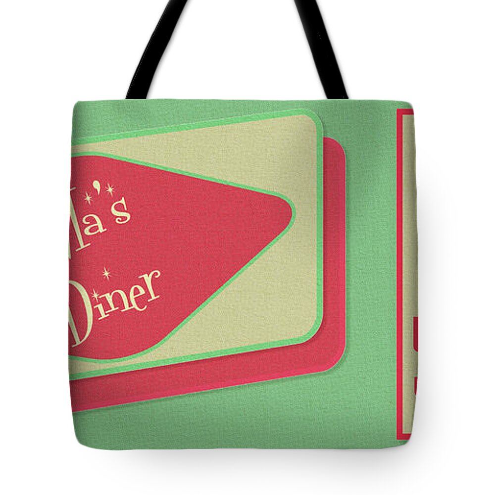 Retro Tote Bag featuring the digital art Ma's Diner 1950s design by David Smith