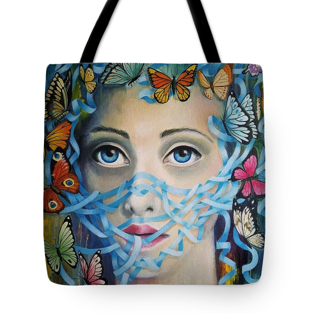 Mask Butterflies Blues Face Tote Bag featuring the painting Mask by Caroline Philp