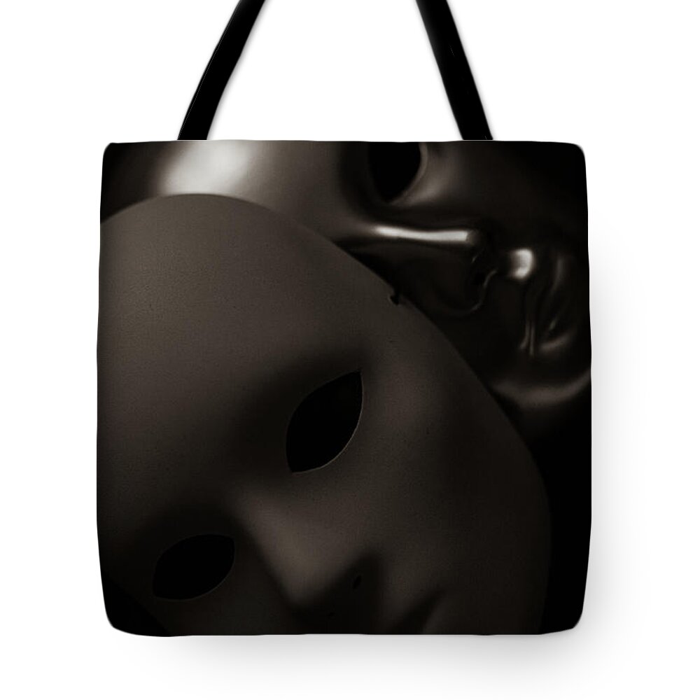 Mask Tote Bag featuring the photograph Masks on Black by Amelia Pearn