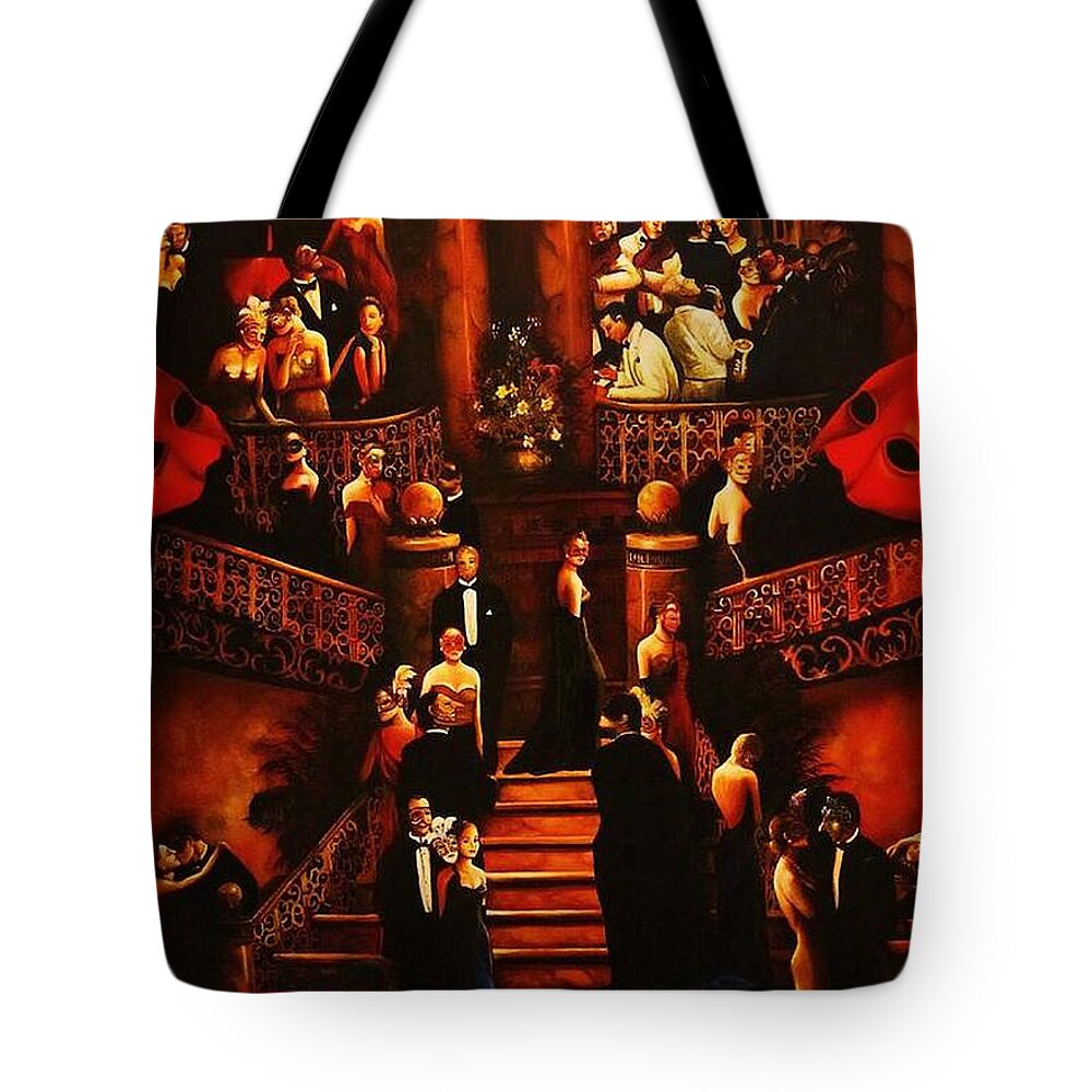 Redmask Tote Bag featuring the painting Masquerade Ball by Dalgis Edelson