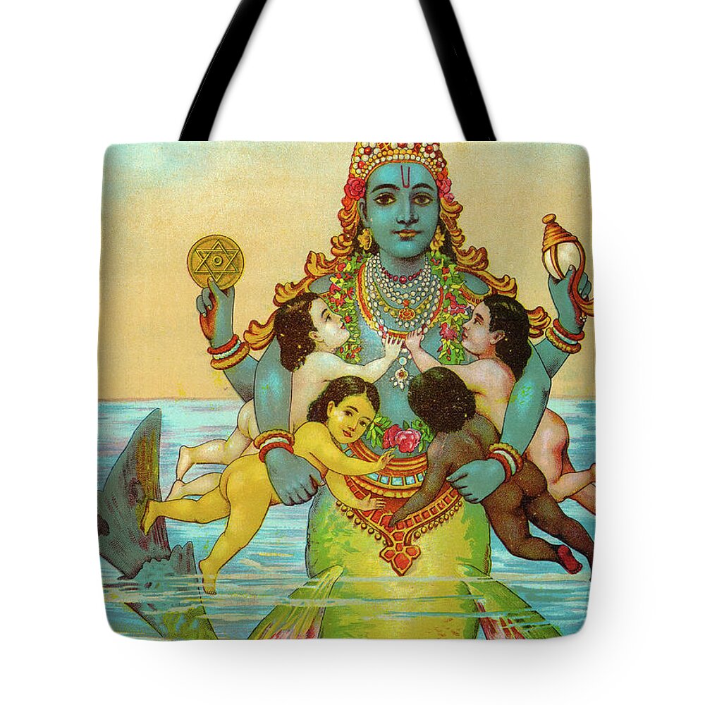 Varma Tote Bag featuring the painting Matsya Avatar by Ravi Varma