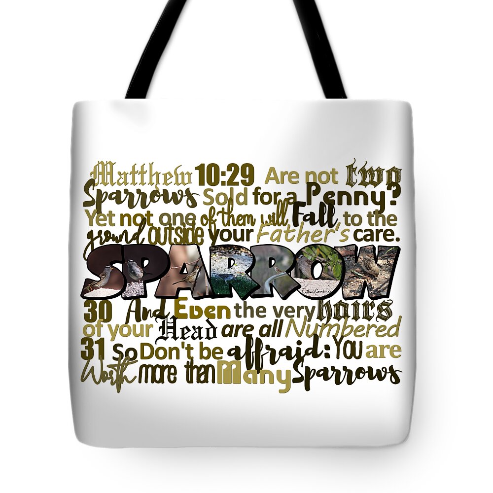 Matthew 10 29 Tote Bag featuring the photograph Matthew 10 Sparrow Big Letter Word Art by Colleen Cornelius