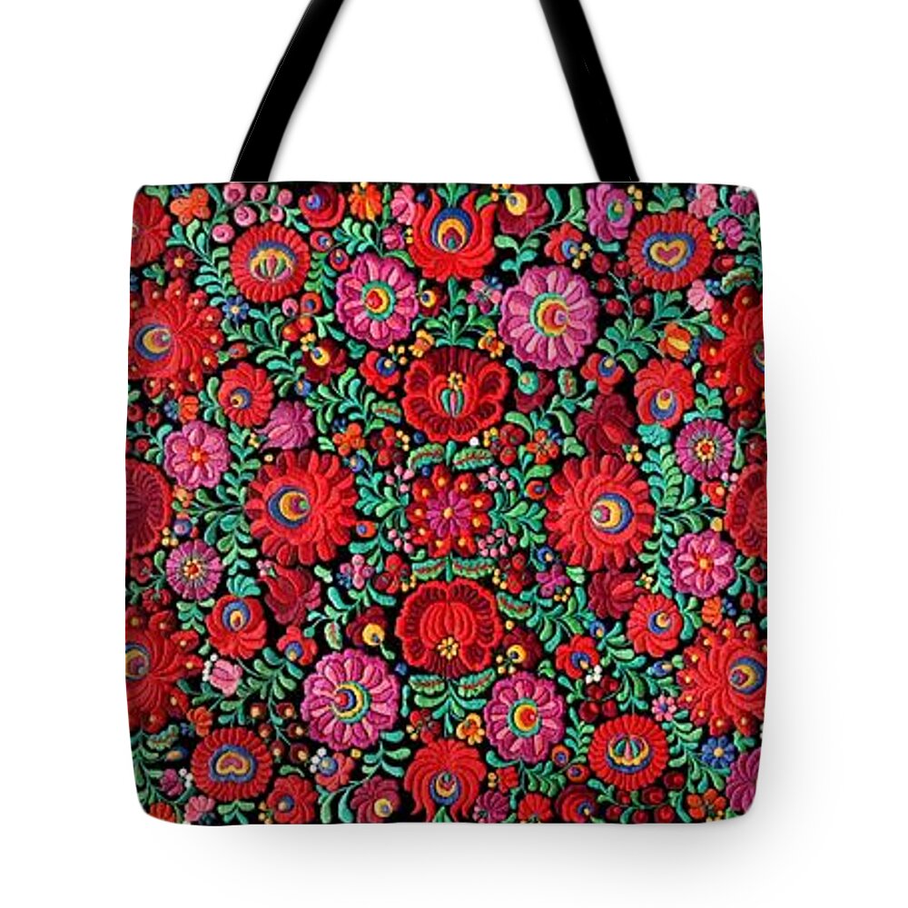 Matyo Embroidery Tote Bag featuring the photograph Matyo Hungarian Magyar Folk Embroidery Photo Image by Andrea Lazar