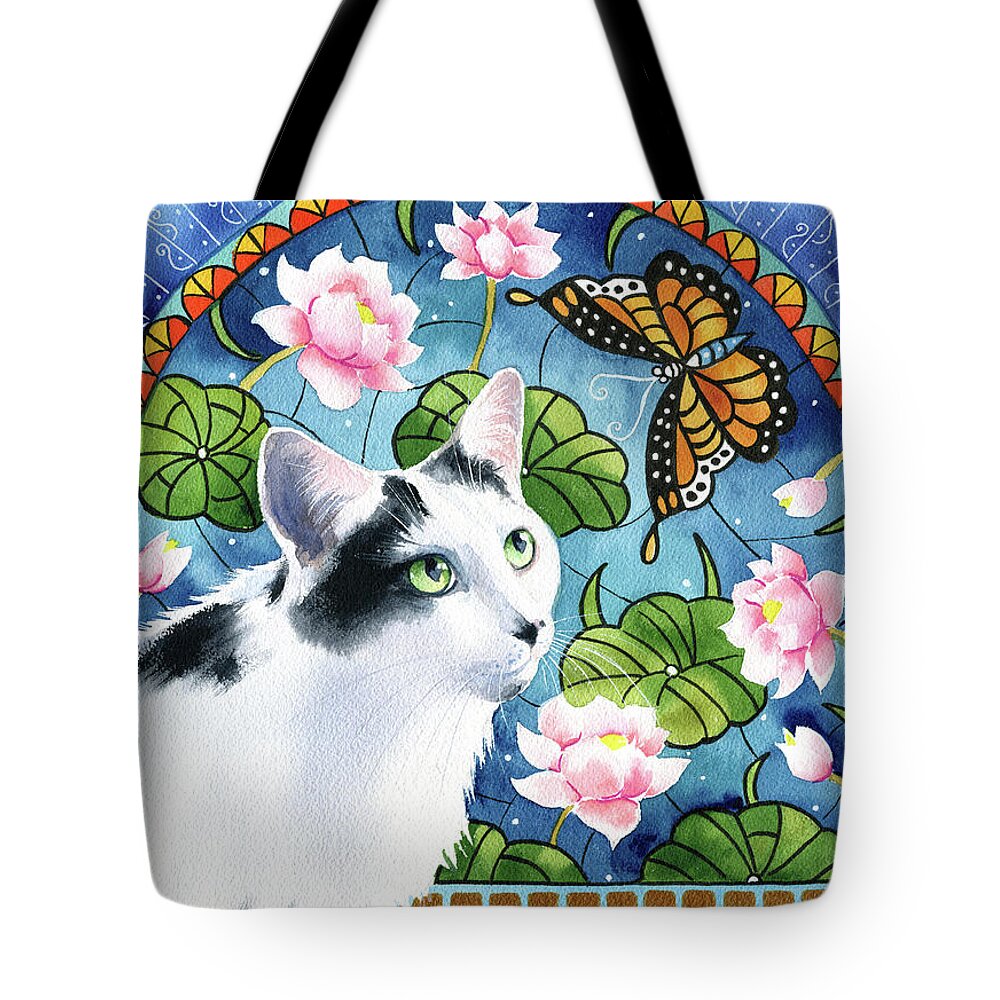 Tuxedo Cats Tote Bag featuring the painting Maximillion With Waterlilies Tuxedo Cat Painting by Dora Hathazi Mendes