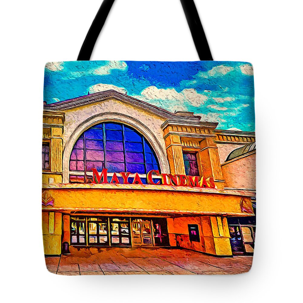 Maya Cinemas Tote Bag featuring the digital art Maya Cinemas building in downtown Salinas, California - digital painting by Nicko Prints