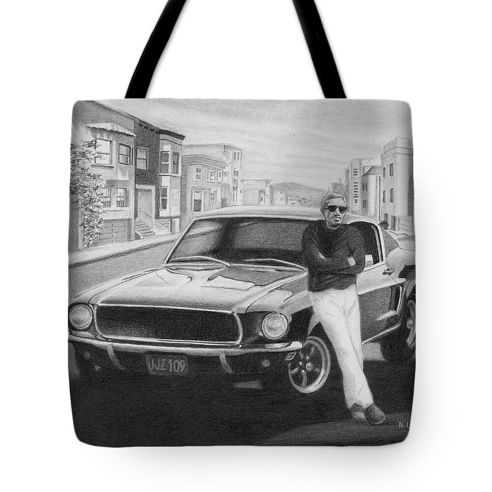 Ford Mustang Tote Bag featuring the drawing McQueen Bullitt by Norb Lisinski