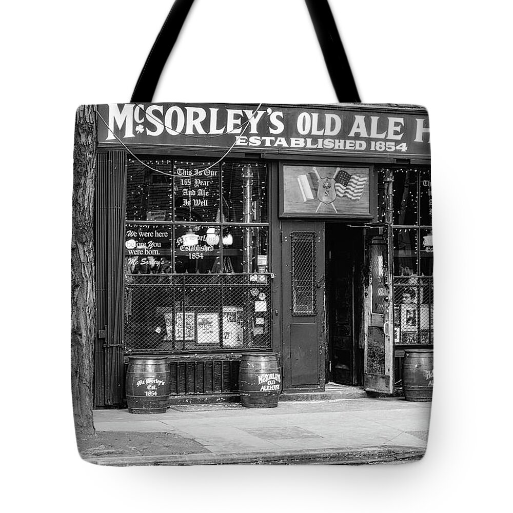 Mcsorley's Old Ale House Tote Bag featuring the photograph McSorley's Established 1854 NYC BW by Susan Candelario