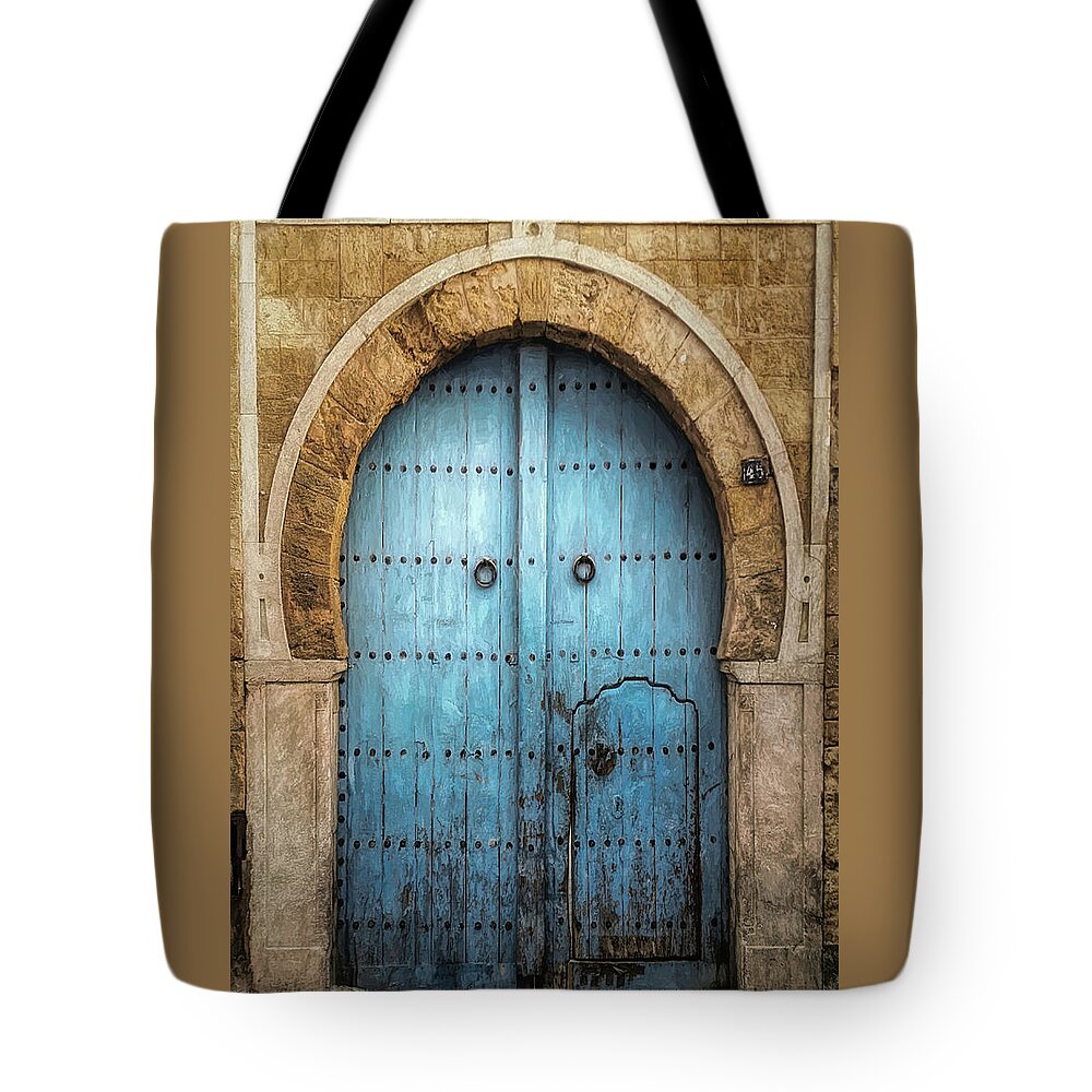 Door Tote Bag featuring the digital art Medieval Blue Arched Door by Susan Hope Finley