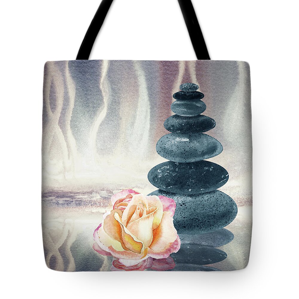 Zen Rocks Tote Bag featuring the painting Meditative Calm And Peaceful Relaxing Zen Rocks Cairn Spa Collection With Flower Watercolor VI by Irina Sztukowski