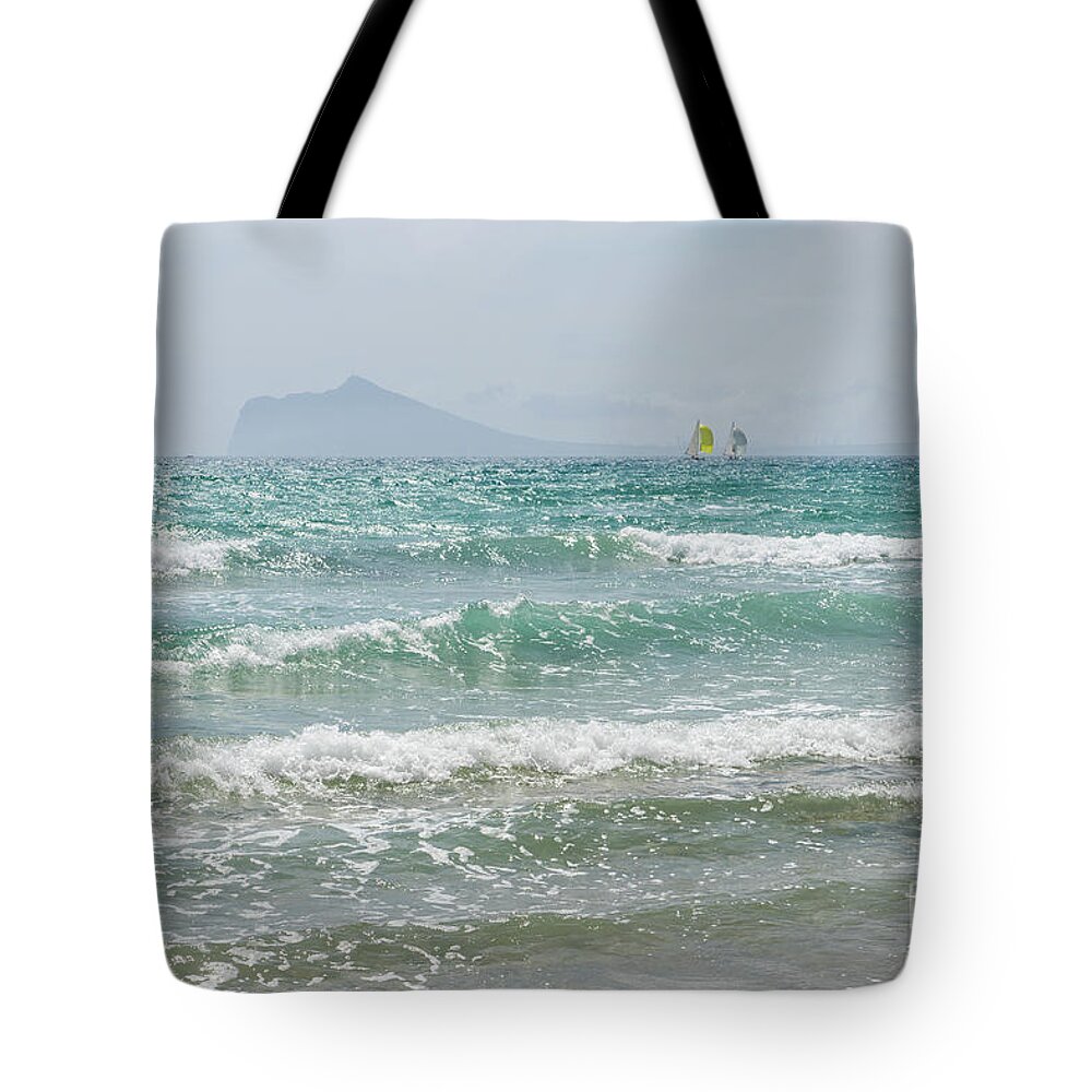 Mediterranean Sea Tote Bag featuring the photograph Mediterranean Sea with waves and sailboats by Adriana Mueller